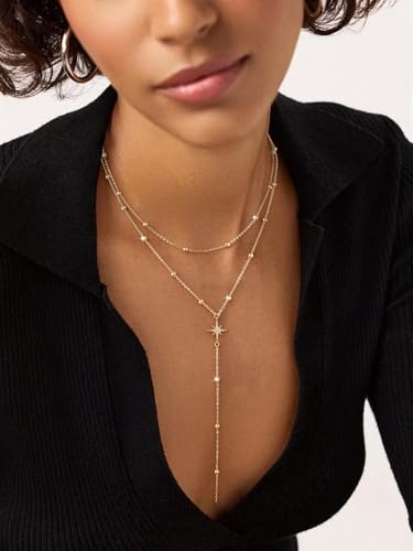 14K Gold Plated Layered Lariat Necklace for Women - Waterproof Non-Tarnish Dainty Gold Chain Necklace, Long Boho Statement Jewelry for Wedding, Prom, Summer Vacation Gifts - color: Layered Beads Y Necklace-Gold