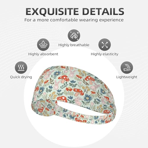 Cute Mushroom Bunny Floral Print Headband for Women - Light Blue Elastic Hair Band for Daily Wear, Yoga, Workout - color: 24