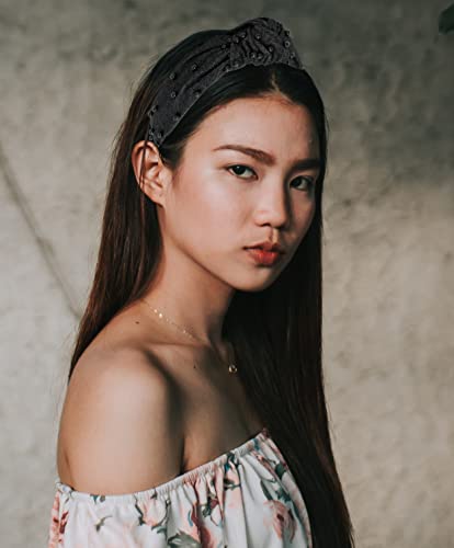 Black Headbands for Women are Unique. Pearl Denim Knotted Headband for Women is a Comfy Top Knot Head bands For Women's Hair. Get Complements with Cute Jean Girls Band - color: Black Denim Pearl