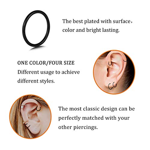 4Pcs 16G 18G 20G Surgical-Steel-Piercing-Ring-Nose-Rings-Hinged-Hoop-Earrings,6mm 8mm 10mm 12mm Seamless Stainless Steel Clicker Eyebrow Septum Piercing Hoop,Sliver Black Gold Rose Gold Rainbow Body Jewelry Set - color: 18G Black