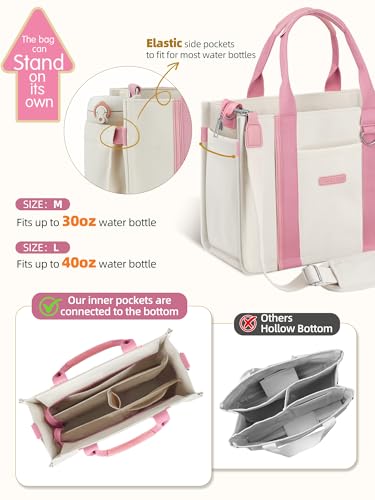FIORETTO Women’s Canvas Tote Bag Purse with Zipper, Multi Compartment & Reinforced Bottom, Ideal for Work, Bible, Travel - color: Beige & Pink, size: Large, style: Built-in Organizer