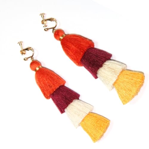 Clip on Earrings, Lightweight Colorful Layered Tassel Bohemian Statement Tiered Big Dangle Drop Earrings for Women, Non Pierced, Boho Jewelry - color: Maroon