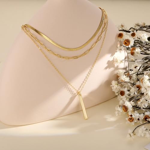 BERISO 14K Gold Plated Layered Necklace for Women, 3 Layer Dainty Gold Necklace with Minimalist Pendant, Elegant Everyday Gold Jewelry Gift - style: layered necklace-F