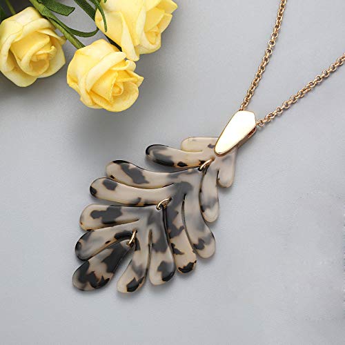 ARATLENCH Acrylic Pendant necklace Earrings – Long Statement Leaf Charm Necklace Tortoise Resin Palm Leaf Earrings Fashion Necklaces Earrings for Women - color: leopard