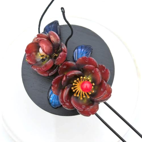 Dark Red Resin Hair Stick with Blue Leaves, Elegant Chinese Hanfu Hairpin for Women, Metal Hair Pin for Long Hair, Vintage Hair Accessory for Bun (Dark Red Rose) - color: Dark Red Rose