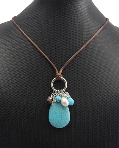 PU Leather Necklace Vintage Boho Style Multilayer Pendant Long Sweater Necklace Jewelry for Women Men with Adjustable Leather Cord - color: Drop Turquoise Ring Necklace