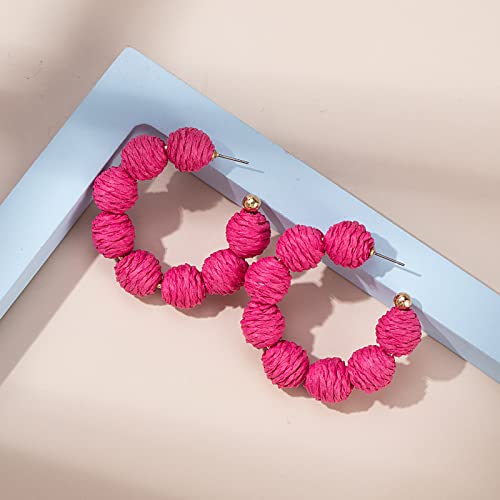 Raffia Hoop Earrings Statement Boho Beaded Earrings Cute Rattan Handmade Colorful Jewelry for Women Unique Summer Outfits - color: Rose