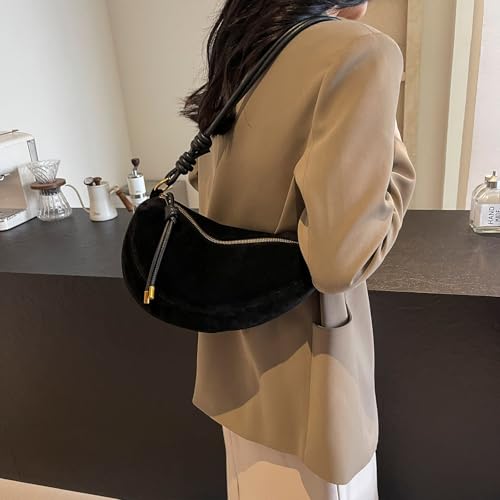 Suede Bags for Women Small Suede Purses Crescent Bag Crossbody Shoulder Bag Trendy Tote Handbags - color: B Suede Black