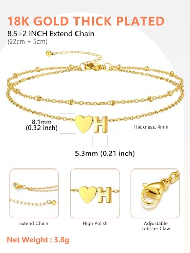 Silvora Ankle Bracelets for Women Waterproof 14K Gold/Silver/Black Initial Anklet for Women Dainty Layered Heart Ankle Bracelets Stainless Steel Adjustable Foot Chain Anklet Summer Beach Jewelry - color: Gold-14K Gold Plated, size: 08.H