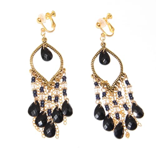 Clip on Tassel Dangle Earrings for Boho Women, Non Pierced, Colorful Feather Handmade Beads Fashion Vintage Fringe Jewelry for Parties Weddings Festivals Trendy Statement Earrings for Bohemian - color: Black B