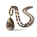 Long Genuine Stone beads and Pendant Necklace for Woman. Hand Knotted natural stone beads with big non-precious stone statement necklace. HANDMADE Boho Jewelry for women. - color: Beige