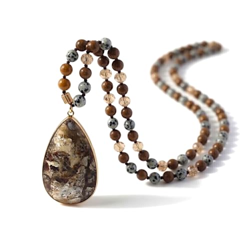 Long Genuine Stone beads and Pendant Necklace for Woman. Hand Knotted natural stone beads with big non-precious stone statement necklace. HANDMADE Boho Jewelry for women. - color: Beige