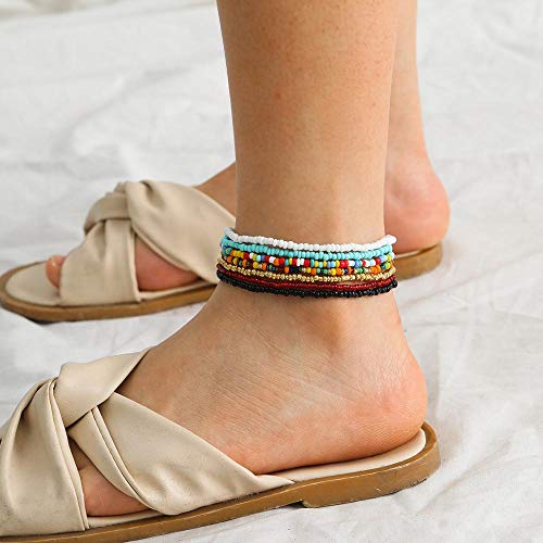 XIJIN 8Pcs Handmade Beaded Anklets for Women Boho Colorful Beads Ankle Bracelets Adjustable Foot Anklet Set - color: I