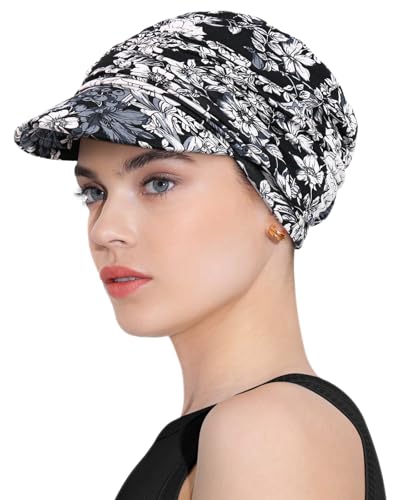 Chemo Headwear Viscose Newsboy Cap for Women Summer Hats - color: Black Blossoms