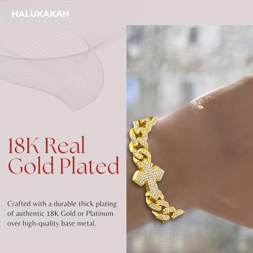 Halukakah Diamond Gold Chain for Men with Cross,18k Real Gold/Platinum Plated Fully Iced Out 12MM Miami Cuban Link Chain Necklace Bracelet,Lab Diamond Prong Set,Present for Husband,Boyfriend,Friend - color: Gold Plated Bracelet