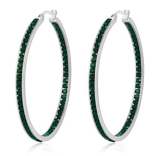 CiNily Mult-colors Crystal Stainless Steel Hoop Earring for Women Hypoallergenic Jewelry for Sensitive Ears Large Big Hoop Earrings 2" - color: Dark Green