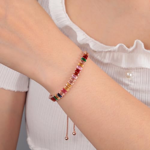 CiNily Adjustable Tennis Bracelets for Women Teen Girls Rainbow Cubic Zirconia Bracelet 14K White Gold Plated Hypoallergenic Slider Bracelet Jewelry Gift - color: Adjustable-Square Rose Gold