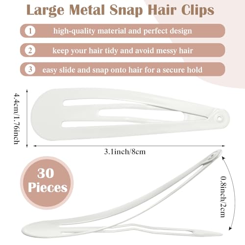 WILLBOND 30 Pieces 3.1 Inch Large Metal Snap Hair Clips Nonslip Barrettes Women Hair Accessories (White) - color: White, style: Minimalist
