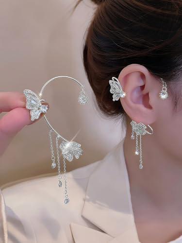 2Pcs Rhinestone Butterfly Earrings Ear Cuffs Non-Pierced Fake Earrings Butterfly Climber Wrap Around Earring Dainty Adjustable Ear Clip Jewelry for Women - color: Style2-silver