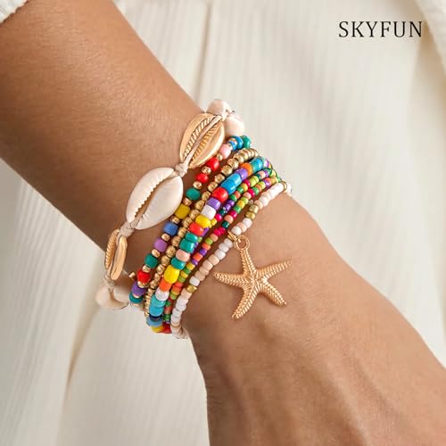 Beach Bracelets for Women Bohemian Stackable Heishi Surfer Bracelet Set Elastic Seashell Starfish Boho Friendship Bracelets for Summer Beach Party Holiday Vacation Jewelry - color: 7PCS-Colorful
