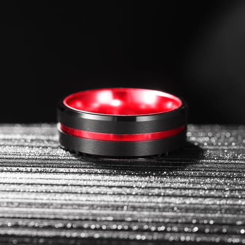 King Will Mens Tungsten Rings for Men Two Tone Grooved Mens Wedding Band Cool - color: Red & Black 8mm
