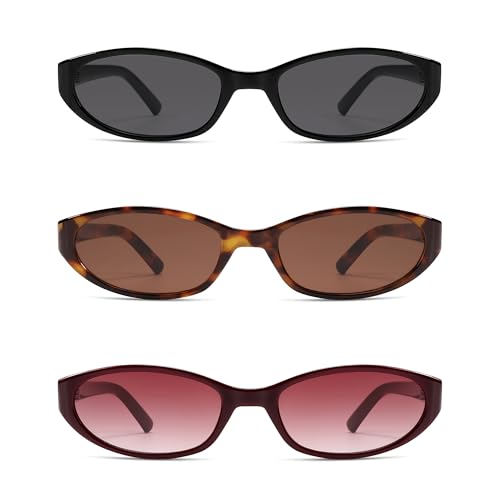 Retro Oval Sunglasses for Women Men Y2k Narrow Cat Eye Sunnies Skinny Shades AR82299 - color: A02 Black/Grey+tortoise/Brown+burgundy/Red Grading