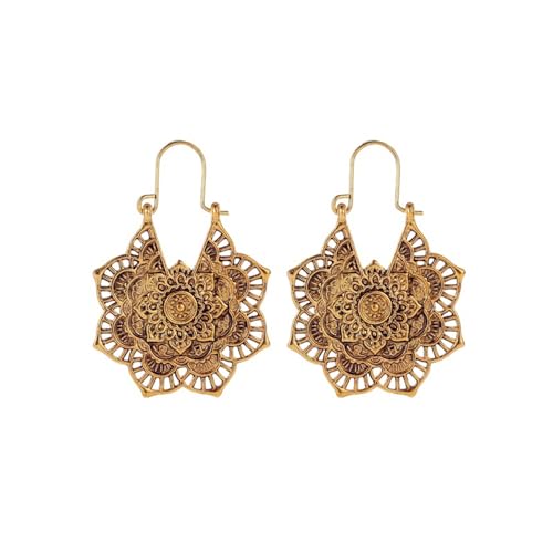 Boho Antique Carved Flower Dangle Drop Earrings for Women Vintage Retro Handmade Hollowed Antiqued Bronze Floral Shaped Geometric Gold Silver Plated Hoop Earrings for Ethnic Style Jewelry Gifts - color: Gold