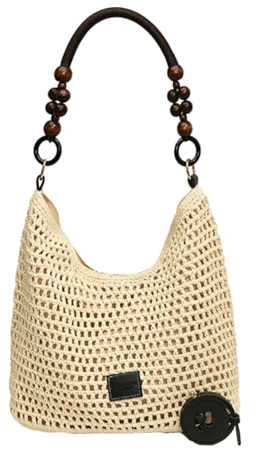 Crochet Summer Beach Bag for Women Woven Cotton Mesh Hobo Handbag Fashion Bead Handmade Shoulder Bag Purse - color: Black
