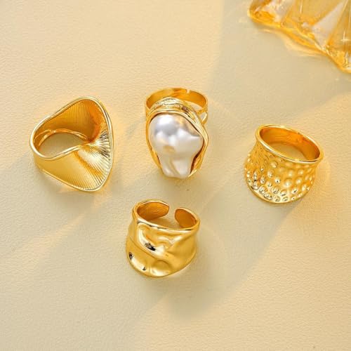 Chunky Gold Irregular Rings Stack Set for Women Statement Baroque Pearl Flower Stackable Knuckle Finger Ring Non Tarnish Boho Hammered Jewelry Gifts - color: Gold