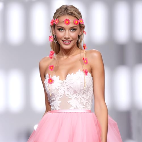 DOCILA Flower Headbands For Women Hippie Floral Hairband Boho Fairy Crown Wedding Parties Outfit Costume Hair Accessories - color: Pink
