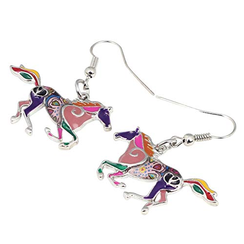 BONSNY Enamel Alloy Colorful Horse Earrings for Women Animal Lover Statement Jewelry - color: Purple