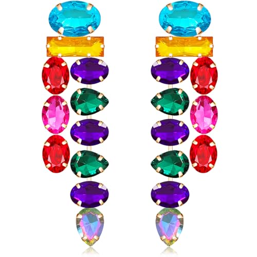 Boho Large Sparkly Rhinestones Teardrop Drop Dangle Earrings Long Tassel Full Crystals Chain Earrings for Women Wedding - style: Colorful