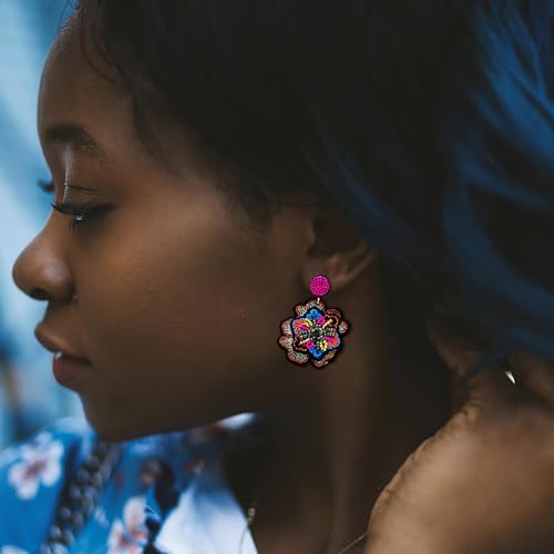 Boho Floral Embroidered Earrings with Colorful Bead Accents and Crystal Center for Women - color: Colour