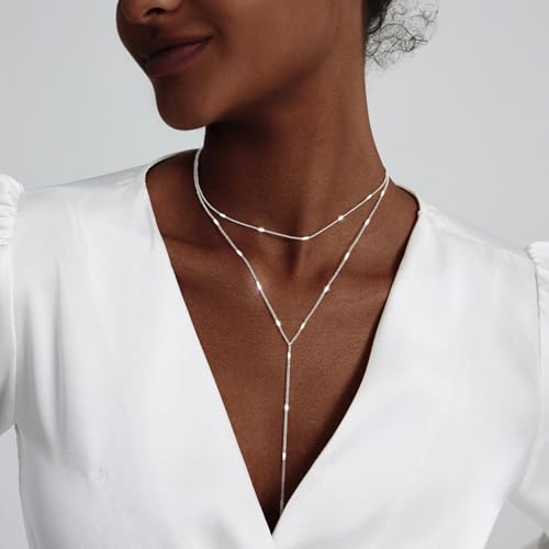 Luxval Lariat Silver Necklace for Women, Dainty Long Necklace Silver Y-Shaped Pendant Necklaces Trendy Beaded Chain Drop Necklaces Jewelry for Women Gifts - color: Silver-Layered Shiny Necklace