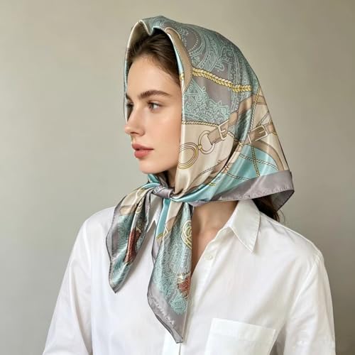 Hexchasty 35”Head Scarf Satin Silk Like Hair Scarf Large Square Head Scarves Bandana Head Wraps Headscarfs for Women Green - color: C-light Blue