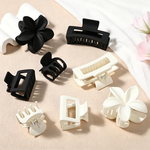 8 Pcs Matte Hair Clips for Women, Strong Hold Non-Slip Claw Clips for Girls, Flower Hair Clips for Thin Hair, Rectangle Claw Clips for Thick Hair,Neutral Colors Hair Accessories（White & Black） - color: Basic
