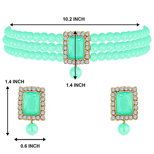 Aheli Ethnic Choker Necklace Earrings Wedding Bollywood Party Jewelry Set Gift for Women - color: Mint Green