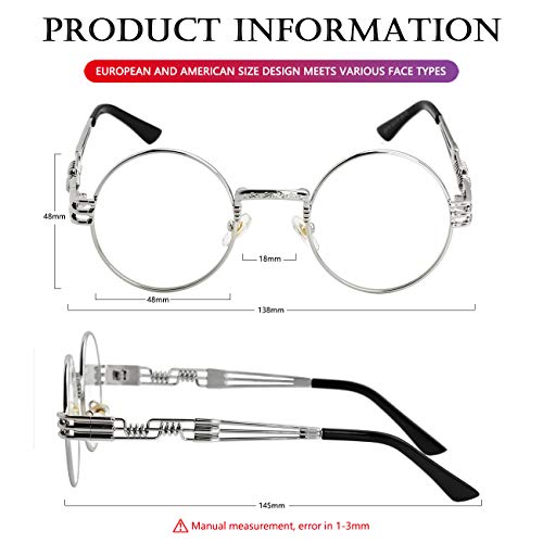 AIEYEZO Round Steampunk Sunglasses for Men Women Retro Circle Hippie Glasses Metal Frame 100% UV Blocking Lens - color: Silver/Clear