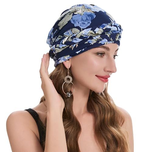 ZLYC Chemo Headwear for Women Pre Tied Turban Headwear Lightweight Beanie Hat - color: Braid Floral Navy