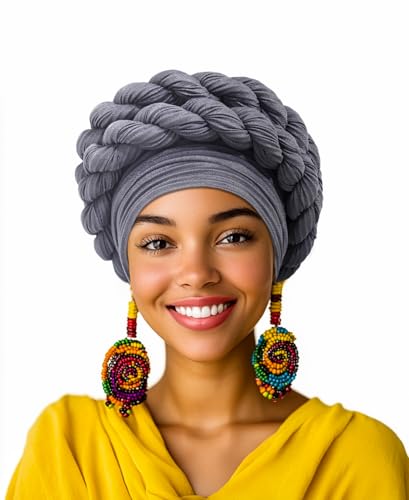 Woeoe Women African Turbans Pre-Tied Twisted Grey Hat Rhinestone Stretchy Head Wrap for Church Party - color: Grey