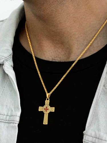 FaithHeart Knights Templar Necklace for Men, Christian Necklace for Men Stainless Steel Pendant Neckalces Christian Gifts with Gift Box - color: 02. Cross-Gold