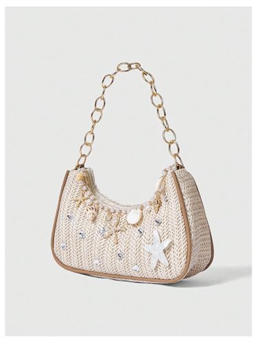 MakeMeChic Women's Straw Beach Purse Seashell Beaded Shoulder Handbags Summer Vacation Bags - color: Multicolor Rhinestone