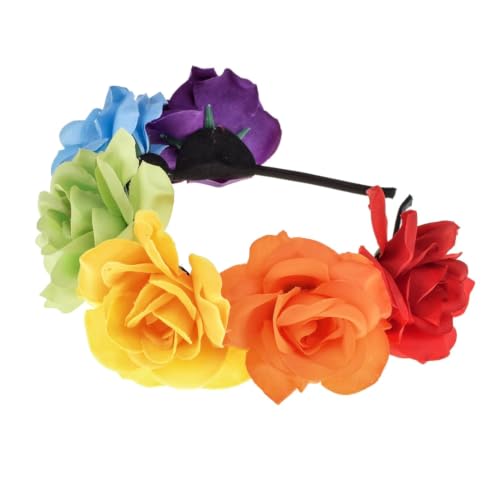 BOHO Floral Crown Rose Flower Headband Hair Wreath (Rainbow Rose Hair Band) - color: Rainbow Rose Hair Band