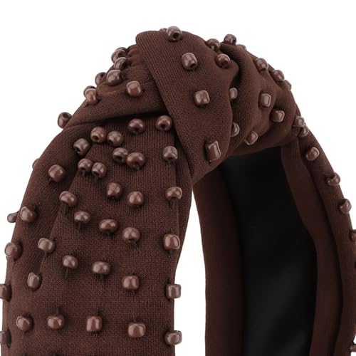 YISSION 1PC Beaded Knotted Headband Wide Jeweled Headbands for women Non Slip Embellished Hairband Coffee Head Band Hair Accessories for Women Girls - color: Coffee