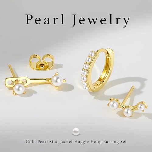 3 Pairs Dainty Small 4th of July Earrings for Women Trendy, Birthstone Stud Huggie Hoop Jacket Stack for Cartilage Helix, Gold Plated Hypoallergenic Cute Women Fashion Accessories Western Jewelry Gifts - color: Created Pearl-Gold