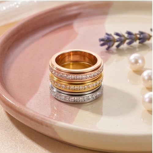 6mm Titanium Fidget Rings for Women Anxiety Relasing, Full Cubic Zirconia Ring Eternity Wedding Band Ring Love Statement Jewelry, Hypoallergenic Stainless Steel Gold Rings for Women No Tarnish - color: rose gold-fidget