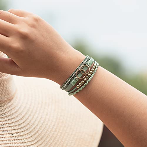 FANCY SHINY Boho Leather Wrap Bracelet Stackable Infinity Chunky Cuff Bracelets Western Hippie Outfits Jewelry Valentine Gifts for Women - color: Avocado