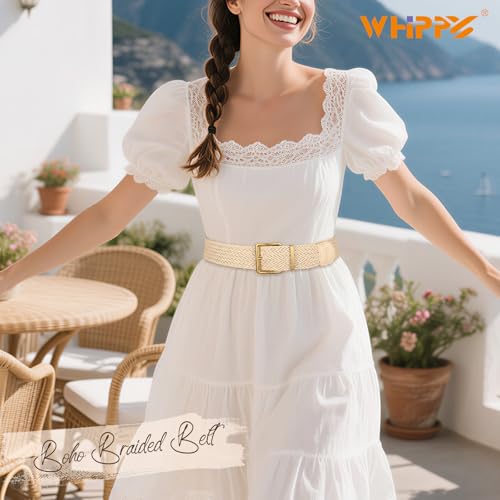 WHIPPY Women Wide Woven Belt Fashion Boho Rattan Braided Belt with Gold Buckle Raffia Straw Woven Waistband for Dresses - color: Light Beige, size: Fit Waist Size 30"-34"