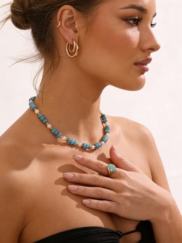 CANEVINKA Bohemian Beaded Choker Necklace 18K Gold Plated Bead Pendant Necklace Vintage Handmade Jewelry for Women - style: Blue Beaded Pearl