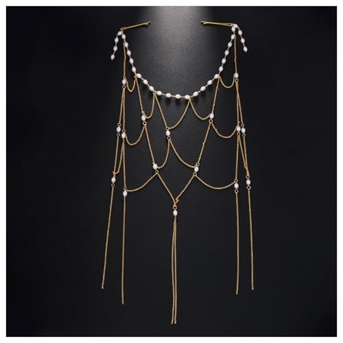 Multi-layered Tassel Pearl Headband Chain for Women Wedding Bridal Pearl Hair Clip Chain Headpiece Summer Beaded Headdress Jewelry for Prom Party - color: Gold